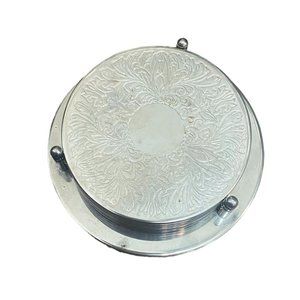SOLD Set of 6 Silver Plated Embossed Coasters With Caddy